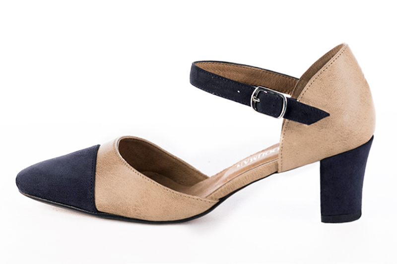 Navy blue and powder pink women's open side shoes, with an instep strap. Round toe. Medium block heels. Profile view - Florence KOOIJMAN
